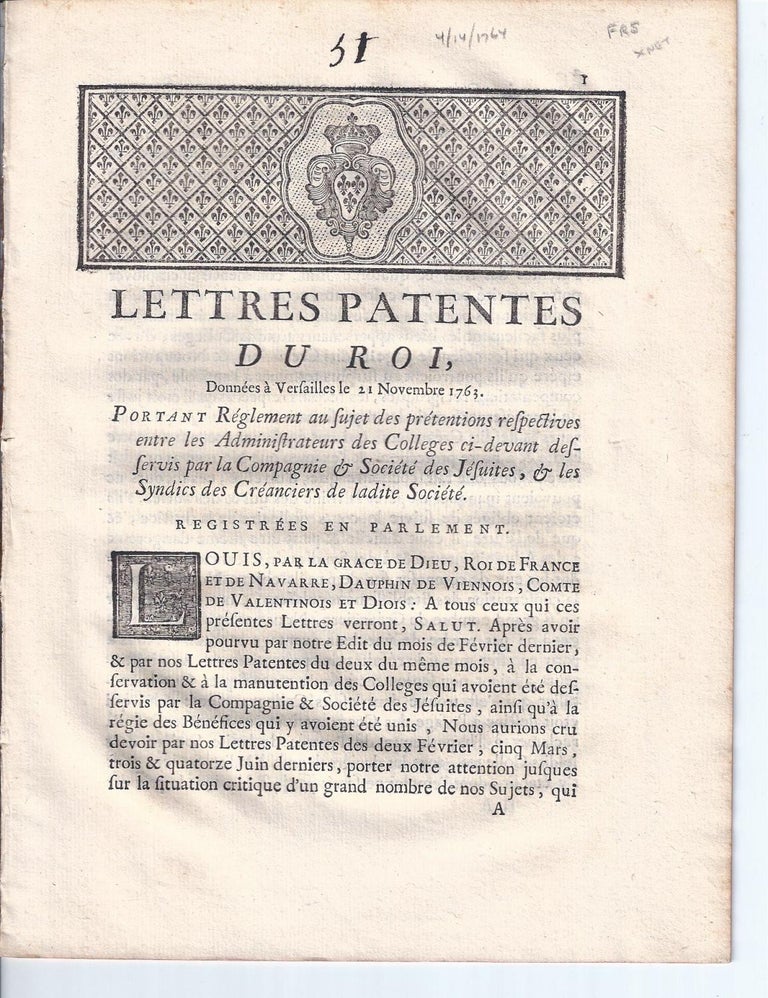 Item #003615 LETTRES PATENTES DU ROI, Donnees A Versailles le 21 Novembre 1763.