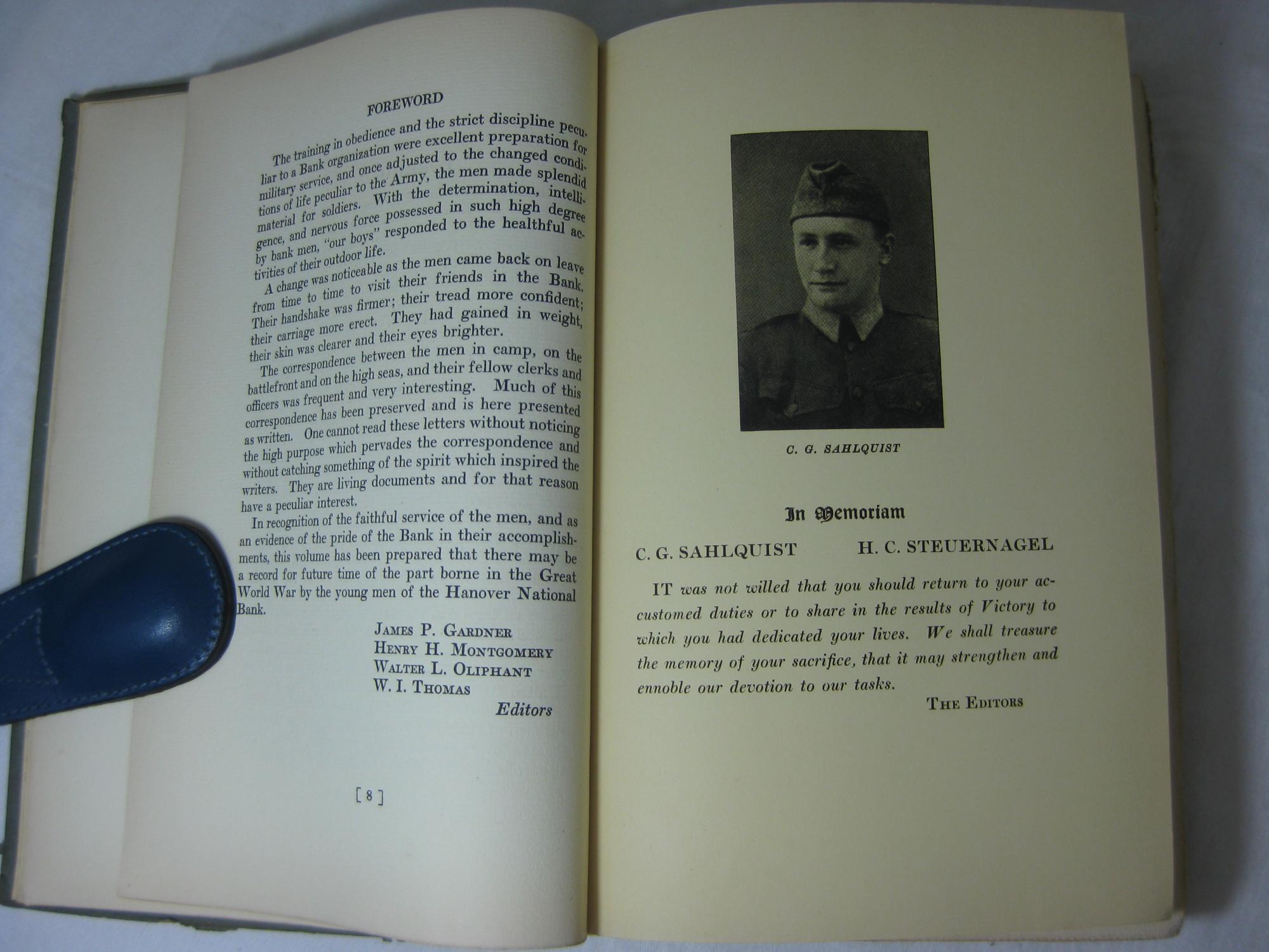 SERVICE RECORD OF MEN OF THE HANOVER NATIONAL BANK OF THE CITY OF NEW YORK. Being an account of the experiences of the men of the Hanover National Bank in the Great World War.